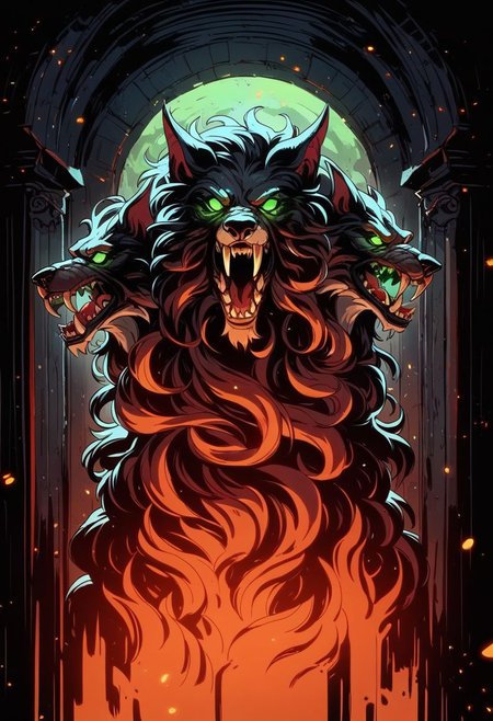 score_8_up, score_7_up, portrait of vicious wolf Cerberus, red & black fur, no pupils, glowing green eyes, sharp fangs, sharp claws, dark interior, particles, castle scene, <lora:sxz-hades-pdxl:0.8>  hds style, cel shading, linear hatching,