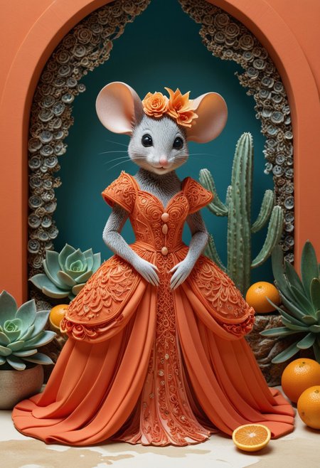 An elegant anthropomorphic mouse wearing a flowing blood-orange-inspired gown, surrounded by coral, succulents, and sliced citrus fruit, intricate botanical and marine detailing, whimsical fantasy meets haute couture