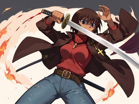 anime artwork Masterpiece, high quality, score_9, score_8_up, score_7_up, 1girl, evil smile, shaded face, kubrick stare, turtleneck sweater, brown leather jacket, belt, jeans,  holding sword, perspective, foreshortening, sword focus, large sword, blood, from below, <lora:high_guard_sword_parry_stance:0.9> high guard sword parry stance, katana,   <lora:kagura-v1_pdxl:0.8> kagura (azumanga daioh), brown hair, tan, medium breasts, . anime style, key visual, vibrant, studio anime,  highly detailed