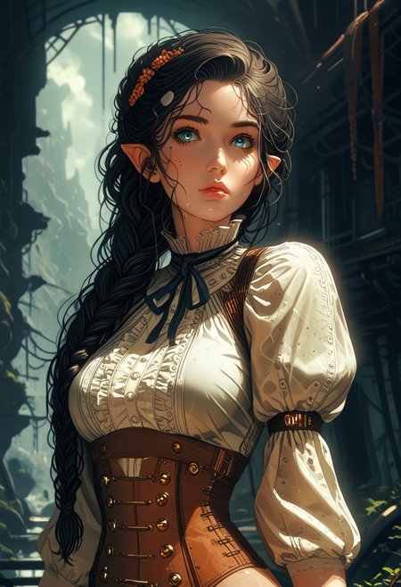 score_9, score_8_up, score_8, Science Fiction, Star Wars, perfecteyes, ultra detailed, high resolution, high quality, masterpiece, intricate details, intricate body, intricate landscape, knva, Expressiveh, European Instagram Model, upper body shot, low light, dungeon, ruins, green glow, black background, ard3nSW
BREAK
1girl, source_cartoon, mature female, pointed ears, beautiful, beautiful, ((Braided Hair)), (black hair), messy hair, long hair, wet hair, blue eyes, pale skin, full lips, french, beauty mark mole, looking at viewer, large breasts, perky breasts, thin waist, wide hips, ((wearing Steampunk style clothes, Victoria era style clothes)), detailed clothes, intricate clothes, 
BREAK
Sky world, Cloud, Steampunk background
