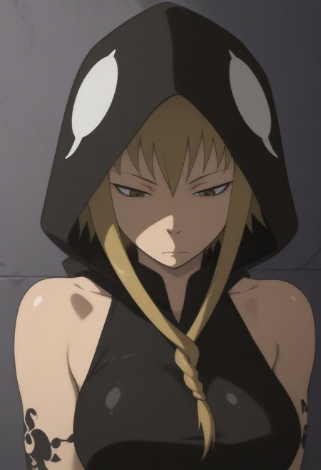masterpiece, best quality, amazing quality,,, shiny skin,,,,,<lora:MedusaSoulEater-20:1>Medusa, solo, short hair with long locks, tattoo, hood, sleeveless, blonde hair,, sidelocks,, bare shoulders, hood down,, sleeveless hoodie, hoodie,