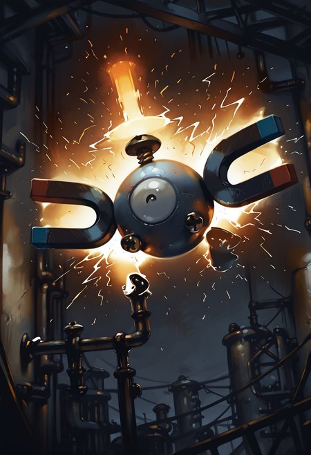 masterpiece, best quality, no humans,    zzMgnmt, industrial zone, flying pose, steel beams, rusted pipes, sparks, gritty textures, dramatic lighting, low angle â Magnemite hovers between twisted steel girders, its magnets pulsing with electromagnetic energy. Sparks burst from nearby conduits as it scans the crumbling facility, its metallic shell gleaming in the harsh light that cuts through the dust-filled air.   ,<lora:MagnemitePokedex_IXL:1.0>,