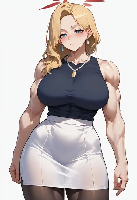 score_9,score_8_up,score_7_up, <lora:kurihama_akemi_blue_archive_pdxl_goofy:1>akemiBa,halo,blonde hair,grey eyees,muscular female, huge breasts, 1girl, arm at side, bare arms, bare shoulders, black pantyhose, black shirt, blush, breasts, closed mouth, cowboy shot, earrings, jewelry, large breasts, necklace, office lady, pantyhose, shirt, simple background, skirt, sleeveless, sleeveless shirt, solo, white background, white skirt