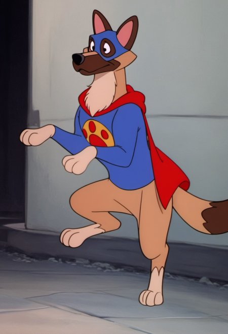 score_9, score_8_up, score_7_up, score_6_up, score_5_up, score_4_up, solo, W0nd3rD0g, Flash, Disney, Feral Dog, cartoon, German Shepherd, erect ears, pink inner ear, long snout, black nose, black eyes, tan fur, beige chest, beige paws, brown snout, brown ears, brown tail tip, fluffy tail, fluffy chest, fluffy cheeks, thick neck, blue shirt, blue hood, yellow circle logo, red paw logo, red cape, pants less