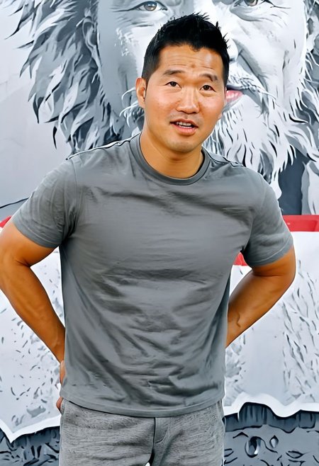 (((htkangface))), daddy,  natural face expression, (((detailed HtKangface))), fixed htKangface Photorealistic, realistic, masterpiece, intricate details, detailed background, depth of field, photo of a handsome, dynamic pose, natural face expression, (((looking at viewer))), high detail, high quality, male focus,  ((T shirt)), ((pants)), ((confident))
