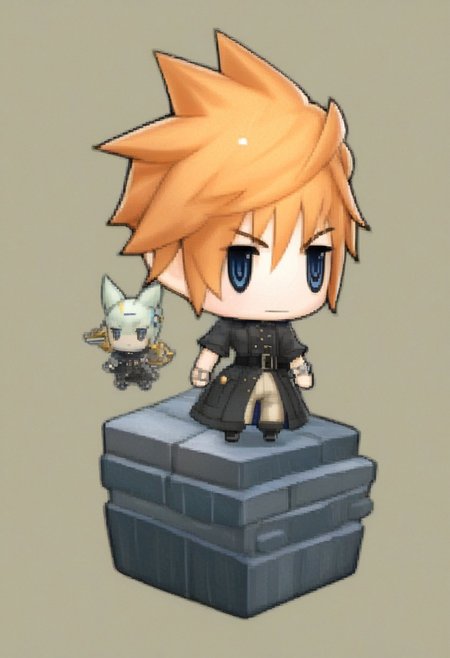 score_9, score_8_up, score_7_up,source_anime,
lannff, solo, 1boy, male focus, spiked hair, blue eyes, belt, orange hair, buttons, black footwear, coat, pants, short sleeves, boots, buckle, black coat, belt buckle, capri pants, ffpictlogicastyle, chibi, full body, faux figurine