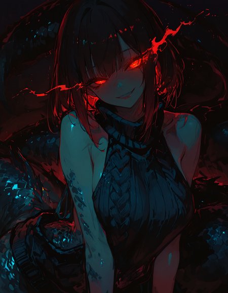masterpiece,best quality,very detailed,glowing,dark,
1 girl,monster girl,seductive smile,glowing eyes,virgin killer sweater,
<lora:748cmSDXL:1>,<lora:virgin_killer_sweaterIllustrious:1>,<lora:NLSTN-IL:0.5>,