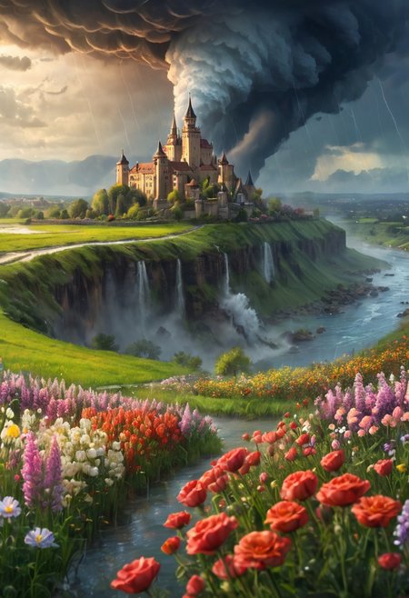 oil matte art, calm relaxing scenery, river, beautiful digital art, DarkFantasy, panoramic view, rain, wet, castle on the cliff, drastic contrast, flower field, crystal clear, huge tornado in the background, bokeh, OverallDetail, 
extremely detailed, UHD,(long exposure )