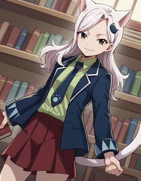 score_9, score_8_up, score_7_up, source_anime, <lora:fairytail-carla-anime-ponyxl-lora-nochekaiser:1>, fairy tail carla, long hair, hair ornament, animal ears, brown eyes, white hair, cat ears,, skirt, school uniform, jacket, tail, necktie, red skirt, shirt, green shirt, collared shirt, long sleeves,, bookstore, browsing shelves, new book smell, finding a favorite, quiet atmosphere, smile, looking at viewer, arm holding an object, solo,, cowboy shot, dutch angle