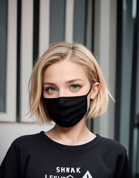 zPDXL2, <lora:TechwearV2:1>, t3chwear, 
1girl, cute face, detailed eyes, short blonde hair, green eyes, black face mask, closeup, city in the background