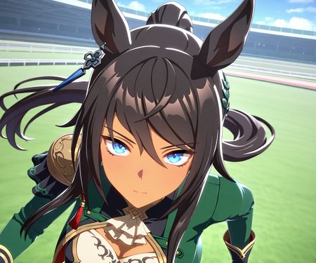 masterpiece, best quality, amazing quality, , 1girl, solo,umamusume, racetrack, running,   <lora:Symboli Kris S in game style 3D ILL-v2:1> ummsmingame, 3d, symboli kris s \(umamusume\)