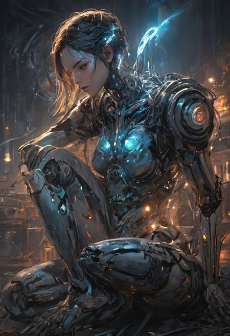 ((masterpiece, best quality, extremely detailed, absurdres)),(fantasic illustration, dynamic lighting), a beautiful goth girl sits with her guardian robot. she summons her magic as streaks of glowing light orbit her, (full body), 1girl, artistic use of contrasting colours and brightness, beautiful face, (interesting camera angle:1.2), <lora:flat2:-1.8>, 8k, very fine detail, cinematic composition and lighting