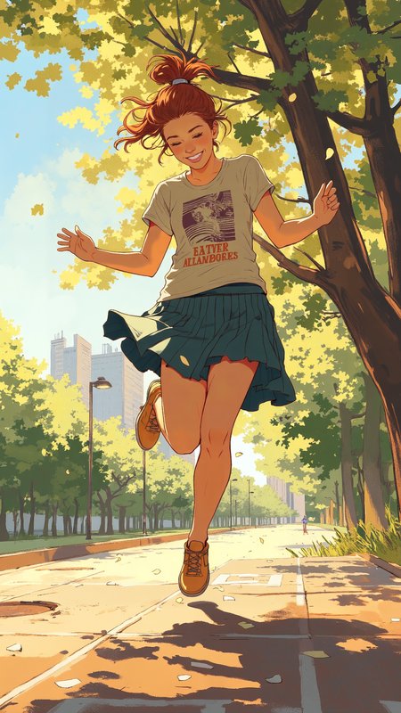 Be_luminous,High-resolution anime-style illustration with oil painting influences of a cheerful young woman playing hopscotch in a sunlit park. Her auburn hair is styled into a messy high ponytail, bouncing with her movement as she jumps with one leg with a bright, carefree smile. She wears a casual short-sleeved printed t-shirt and a pleated skirt, her arms outstretched for balance. The chalk-drawn grid on the pavement is slightly smudged, and a few petals from a nearby tree drift through the air. Warm golden light filters through the leaves, blending into soft, impressionistic brushstrokes, enhancing the playful and nostalgic atmosphere <lora:Comic_Style_-_FLUX:0.6> <lora:oilpaintzver5:0.4> <lora:Be_luminous_flux_lora:0.4>