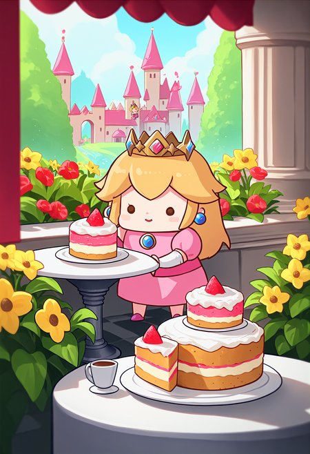 score_9, score_8_up, score_7_up, 1girl, source_anime, <lora:Phdpigeon_XLPD:1.2>, (chibi), princess peach, mario \(series\), crown, cake, cake slice, cafe, flower, castle,