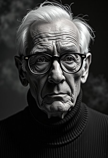 A highly detailed, black-and-white, silhouette, closeup, professional photo portrait of a old man with wrinkles and white hair. He has tanned skin and sad eyes framed by big glasses. His hair is short and white. He wears an elegant sweater. The background is pitch black, with smoke behind the woman, creating a dramatic contrast with hia tanned skin and white hair, drawing the viewerâs focus entirely onto her. The lighting, hitting only one side of his face, is hard in chiaroscuro style, giving depth to her features and an air of mystery. The overall style blends gothic and fantasy influences, with a strong emphasis on realism and a refined sense of elegance and enigma.