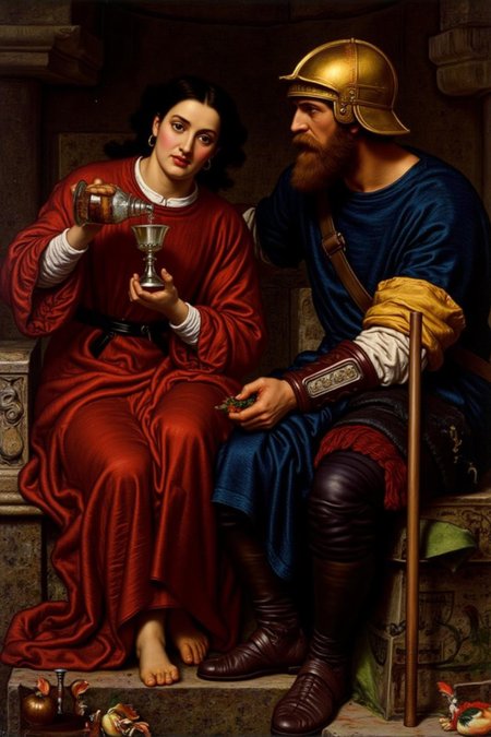 williamhhunt1 painting. 
jwwaterhouse1. 
On the left is a young woman with dark hair, wearing a red robe, sitting on a stone throne. She is pouring into a goblet from a small bottle with a focused expression on her face. On the right sits a man, shown in side profile. He is dressed in a blue tunic and wearing golden helmet, watching the woman intently. He his holding a spear with both hands.  <lora:williamhhunt1_cap_d6a3e9:1.0><lora:838087255198497760:0>