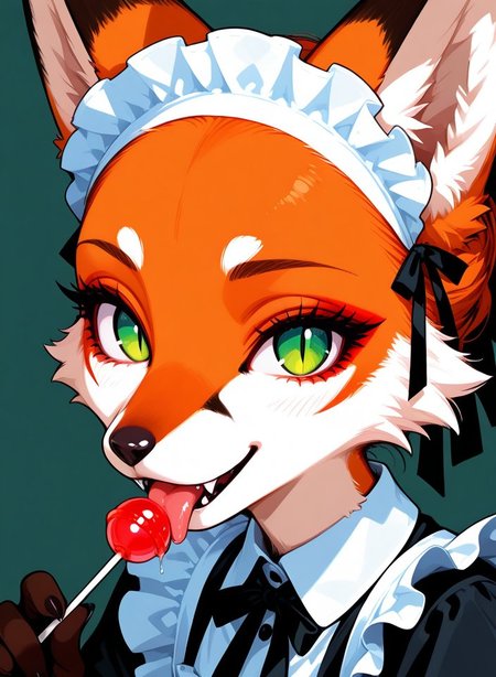<lora:Foxy_v02_PDXL:1>  solo, furry girl, furry fox girl, slender body,  body covered with short  fur, fox ears,  long eyelashes,  foxgirl,  fur, green eyes, slit pupils,  long lush eyelashes, more detailed eyes,  lustful look,  short maid dress, maid cap,  sly smile, side view, fangs showing, face close up, tongue out, licking a lollipop, saliva  <lora:eyelashes_pony_V1.0:1> <lora:Eyes_Lora_Pony_Perfect_eyes:1>