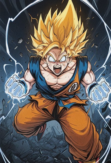 813nm0hstyle,   masterpiece, best quality, solo,                                                                                                                                                                                                                                                   goku, pale, golden spiky hair, arms held by side, powering up, bulky, , action, whiteblotches impact frame, yellow and blue jolts, golden aura and sparks, rage, screaming anger, screaming up, rubble, debris,