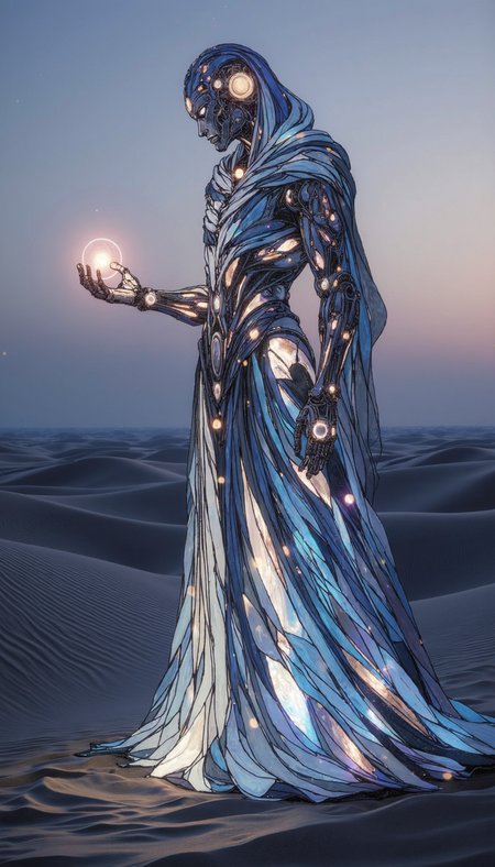Bioluminescent, A lone, robed figure with bio-mechanical elements stands in a desolate, ethereal dreamscape. The figure's posture should convey a sense of somber contemplation, their head bowed as if in prayer or mourning. The robe, a cascading symphony of diaphanous fabric, should be rendered in a palette of glacial blues and pearlescent whites, reflecting the ambient luminescence emanating from their form and the glowing orb held delicately in their hand. Emphasize the juxtaposition between the figure's mechanical elements and the flowing fabric, highlighting a sense of both strength and fragility. A soft, diffused light, reminiscent of twilight, should bathe the scene, casting long, dramatic shadows across the windswept dunes.  The horizon should be painted with hues of lavender and pale gold, alluding to a distant, perhaps fading, hope.
