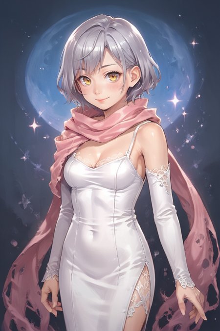 score_9, score_8_up, score_7_up, score_6_up, source_anime, BREAK, <lora:Zilva:0.65> , zildef, 1girl, short hair, grey hair, yellow eyes, scarf, pink scarf, bodysuit under clothes, looking at viewer, standing, cowboy shot, smile, closed mouth, clutter, <lora:g4l4xyXLP:0.7> , g4l4xy, galaxy, <lora:zy_Detailed_Backgrounds_v1:0.6> , detailed background, highly detailed,  <lora:ElegantLaceDressPonyXL:0.8> , dr3ss, long white dress, off shoulder, detached lace sleeves, fitted bodice, floor-length, elegant, form-fitting, bridal gown,