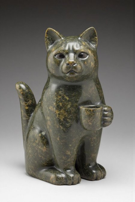 sculpture of grumpy cat holding a cup of coffee, carved with mottled dark grey stone. <lora:inuit_cap_d6a3e12:1.0><lora:821753365722761827:0>