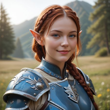 (((beautiful, high quality))), upper Body, score_9, score_8_up, score_7_up, Elf, pointed ears, small ears, auburn hair, hair braid, wide hips, curvy, 1girl, blue eyes, looking at the viewer, dynamic pose, blurred background, realistic, smile, (blue armor:1.2), massive armor, narrowed eyes, helmet, youthful face, lips closed, 