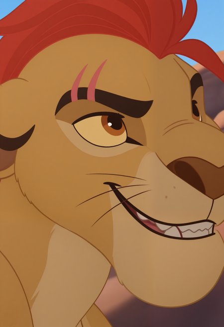 masterpiece,best quality,amazing quality, 1boy, solo, k10n, anthro lion, bara, brown fur, colored sclera, brown eyes, kion's scar, red mohawk, lion tattoo, close up, side angle, smirk