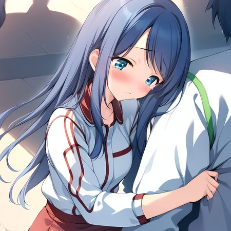 (masterpiece),(best quality),(ultra-detailed),(best illustration),(best shadow),(absurdres),(detailed background),(very aesthetic), natsuki kuga, casualoutfit, 1girl, long hair, blue hair, tears, blue eyes, clothes grab, solo focus, sleeve grab, blush<lora:NatsukiKugav1:1>