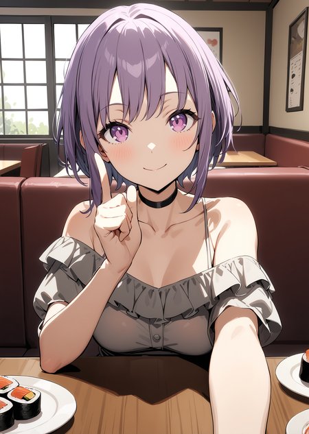 masterpiece, best quality, absurdres, very authentic, 1girl, solo, YuutenjiNyamu, restaurant, day, indoors, window, couch, sitting, on couch, behind table, looking at viewer, sushi, plate, (index finger raised:1.1), finger on own chin, smile, closed mouth, reaching towards viewer, pov, off-shouder shirt, (frills:1.1), bare shoulder, black choker, 
<lora:YTJNM-anxl31:0.6>,