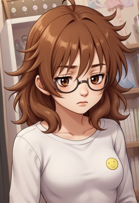 score_9, score_8_up, score_7_up, BREAK, source_anime, ARAKI HINA BROWN HAIR, MEDIUM HAIR, BROWN EYES, MESSY HAIR, BIG HAIR, FLIPPED HAIR, TIRED HAIR, AHOGE, JITOME, MEDIUM BREASTS, j0j0styl3