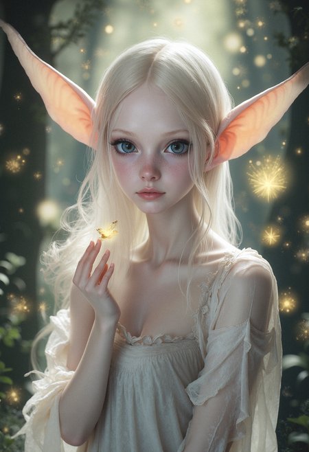 A hyper-realistic, portrait of a delicate elf girl standing in a soft, magical forest setting. She has pale skin with smooth, flawless texture. Her big, bright, deep blue eyes are wide open and slightly tilted upwards. Her long, flowing, light blonde hair cascades down past her shoulders, with soft, wispy strands framing her face. She has large, pointed elf ears that extend outwards and upwards, being one of her most distinct features. She is wearing a transparent, sheer white robe that drapes loosely over her slender body, revealing subtle contours of her figure underneath. The robe has delicate ruffles at the hem and sleeves, with a thin, translucent veil resting gently on her head, adding a sense of innocence and ethereal beauty. Her right hand is raised, holding a glowing, golden firefly delicately between her fingers. Several small glowing fireflies float around her, enhancing the soft magical atmosphere. The lighting is soft and warm, with a golden glow illuminating her face and the surrounding area, creating a gentle, serene, and dreamlike scene.    <lora:FluxDFaeTasticDetails:0.8>  <lora:aidmaMJ6.1-FLUX-V0.2:0.66> aidmaMJ6.1,