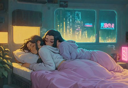 score_9,score_8_up,score_7_up,score_6_up, 2girls, both girls in bed, next to each other, both are sleeping,
 sleeping in bed next to a large window, eyes closed, sleeping, steaming coffee cup on windowsill, wearing croptop hoodie, black croptop hoodie, long hair, black hair, low ponytail hairstyle, head resting on pillow, laying on the bed, hoodie, plants on the windowsill,  facing viewer,  tidy bedroom, small room, cramped bedroom, teddies on the bed, pink pillows, wearing legging, see through thights, black tights, cyberpunk city view out of the window, neon light, purple neon lights,