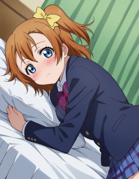 score_9, score_8_up, score_7_up, source_anime, <lora:honoka-kousaka-s1-ponyxl-lora-nochekaiser:1>, honoka kousaka, blue eyes, brown hair, hair bow, orange hair, one side up, short hair, yellow bow,, skirt, school uniform, jacket, blazer, winter uniform, otonokizaka school uniform,, indoors, bed, bed room, on side, blush, drunk, looking at viewer, solo,, cowboy shot, dutch angle
