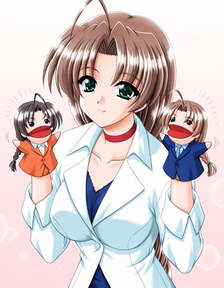 masterpiece, best quality, amazing quality, very aesthetic, absurdres, official art, ultra detailed, game cg, 
1girl, solo, shinohara_shizue, green eyes, brown hair, long hair, ahoge, braid, large breasts, gleaming skin, BREAK 
formal white suit, white collar, red choker, blue shirt, collarbone, 
smile, looking at viewer, standing, hppt,hand puppet, happy aura simple background, white background, upper body, highly detailed <lora:hand_puppet_IL_v1:1> <lora:Shinohara Shizue v1.0-000013:1>
