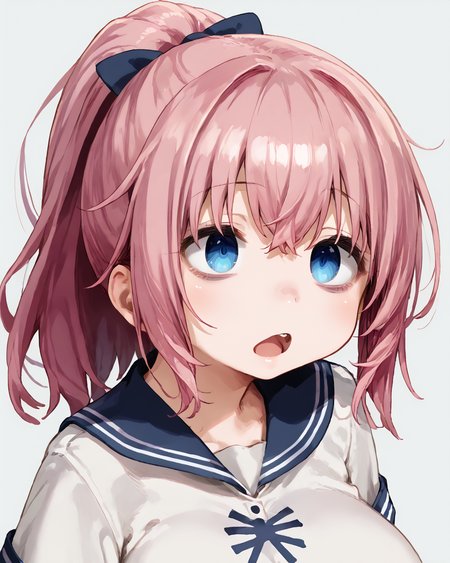 1girl,simple_background,portrait,closeup,KomaroMichinoku,pink_hair,ponytail,bags_under_eyes,blue_eyes,<lora:KomaroMichinokuXLpony001:0.9>,open_mouth,sailor_collar,huge_breasts,
<lora:ishikei:1>