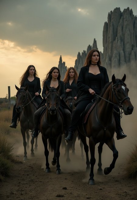 four beautiful women on horses representing the four horsemen of the apocalypse. A dystopian scene as the women ride the horses, dark angelic women,