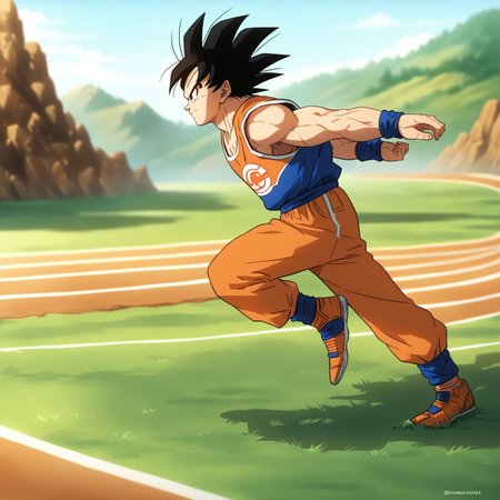 N4RUT0RUNv1, Source_anime, (Dragon Ball Z), ((score_9)),score_8_up,score_7_up,score_6_up,score_5_up,score_4_up, solo, 1boy, (Goku), black hair,  source_DBZ, track_suit, running, arms behind back, arms straight, muscular male, intense, dynamic pose, meme, outdoors, wilderness, detailed background, green grass, orange dirt, stones, (side view), 