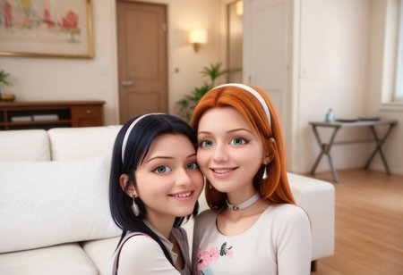 score_9, score_8_up, score_7_up, score_6_up, 
2girls, sitting together, on a couch, (leaning against each other, head on shoulder, cheek to cheek:1.4),
1girl, Sabrina Raincomprix, long hair, orange hair, green eyes, fair skin, earrings, white blouse, choker, 
1girl, Marinette Dupain-Cheng, long hair, bright bluebell eyes, black hair, twin tails, earrings, red blouse, choker, 
perfect eyes, real skin, amateur, photo, solo, perfect face, perfect eyes, sexy, beautiful eyes, petite body, 
masterpiece, best quality, amazing quality, 
heavy blush, thick dark eyelashes, tiny body,
(skinny girl), on a couch, family home, living room, wall pictures, plants,
blurry background, lot of people in background, shy expression, depth of field, volumetric lighting, biting lips, vibrant colors, intricate details, 
smiling, teeth, arms crossed, close up on face, real skin,