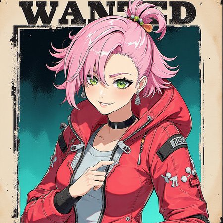sci-fi style <lora:FLUXHoyoverse_art_style:1> hvstyle,  Create a "wanted poster" in one-piece anime style, featuring a girl with an energetic expression, pink hair, and green eyes, she carries a big smile. she is streetwear. there will be a frame all around the image.  <lora:Hand v2:1> hand, perfect hand, detailed hand  <lora:HyperSD-Accelerator-FLUX-PAseerV2:1> . futuristic, technological, alien worlds, space themes, advanced civilizations