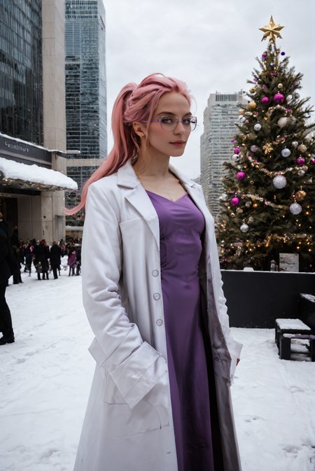 score_9, score_8_up, score_7_up, SOLO
 <lora:intp_v1:0.8>
intp_v1 , solo
ponytail, pink hair, long hair,
pale skin, 
purple eyes, 
breasts, small breasts, 
glasses,  semi-rimless eyewear,
labcoat, white coat, coat, open coat,long sleeves,
purple dress,, winter 