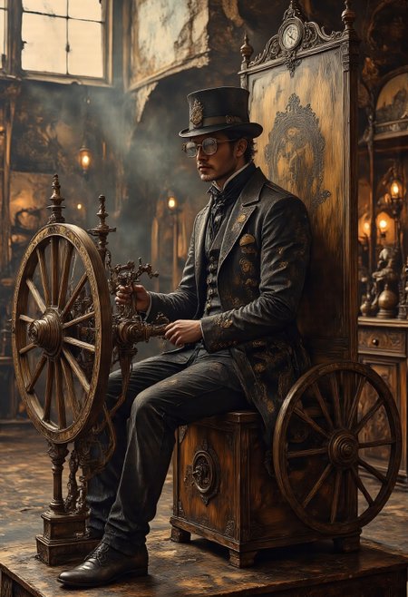 Masterpiece, best quality, steampunk. Wide shot, landscape, profile side view, character is small against vast background, chiaroscuro lighting, dramatic shadows. A wide shot of a highly detailed Victorian steampunk time machine inspired by H.G. Wells’ novel, crafted with intricate brass levers, polished mahogany panels, and large spinning wheels. The machine sits on a small platform on the floor of a vast victorian steampunk lab lit by gas lamps. Golden beams of daylight shine down on the time machine from a small high window. It has an ornate, mechanical aesthetic with exposed gears, copper tubing, and gauges. Seated inside is the inventor, a distinguished gentleman, his face enigmatically in the shadows, wearing a full steampunk ensemble—wearing brass-rimmed tinted goggles, a top hat, a leather waistcoat, and a high-collared coat. He sits in profile, seen from the side, his hands on the levers. His head is turned toward the viewer, expression neutral and mysterious, as he is about to embark on a journey through time. The aesthetic is full of dark brown and coppery brass hues, evoking a sense of mystery and adventure. Steampunk Apparel, Jed-stmpnk, steampunk