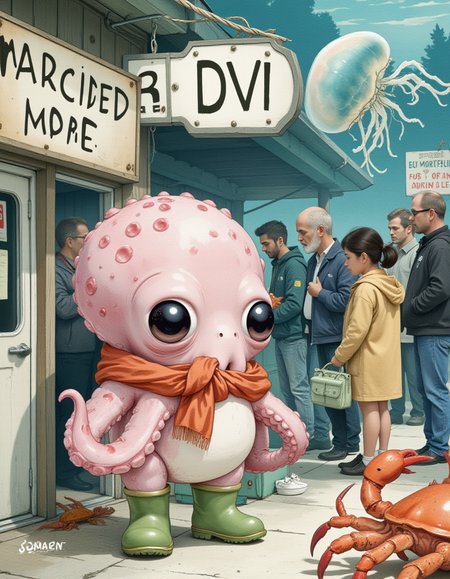 kawaii style cinematic film still breathtaking A soft watercolor illustration showing a nervous little octopus wearing rain boots and a scarf, standing in line at the âUndersea DMVâ full of crusty crabs and sleepy jellyfish. Whimsical signage, hand-lettered labels, and gentle pastel tones give the piece a storybook innocence with a dash of aquatic bureaucracy humor. . award-winning, professional, highly detailed, shallow depth of field, vignette, highly detailed, high budget Hollywood film, bokeh, cinemascope, moody, epic, gorgeous, film grain . cute, adorable, brightly colored, cheerful, anime influence, highly detailedâââ