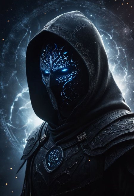 A dark ghostly male silhouette. Messenger of Gaa. Cracked skin. light armor. Cracked armor. Canvas hood. Runic circle. Elements. Power from inside. Glowing eyes. Bokeh blur. ral-dissolve.BadDream photorealistic,