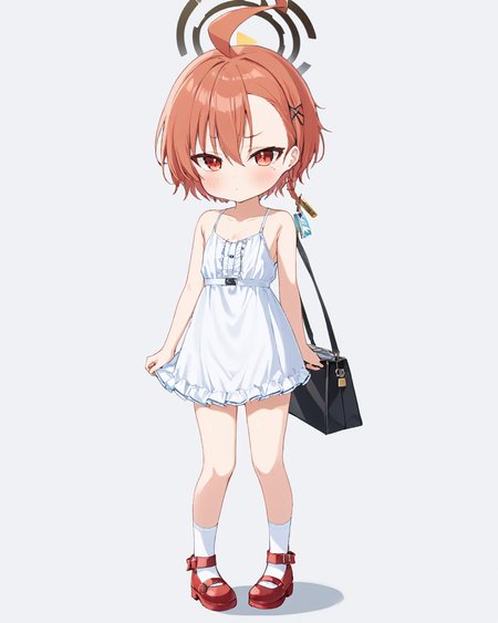neru \(blue archive\),1girl, randoseru, solo, ahoge, mole_under_eye, halo, white_dress, aged_down, white_background, looking_at_viewer, red_footwear, simple_background, bag_charm, collarbone, charm_\(object\), full_body, downblouse, hairclip, kneehighs, blush, mary_janes, sleeveless, small_breasts, flat_chest, bare_shoulders, white_socks, strap_slip, standing
<lora:neru_(blue_archive)_image1870_2023-11-28:1>halo. gorgeous,key visual, vibrant, studio anime,award-winning, professional, highly detailed,high budget, cinemascope