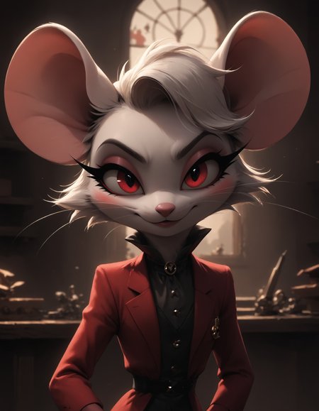 toon <lora:Goldie_pony:0.5> m0use_goldie, fluffy, helluva_boss, white fur, red eyes, 
<lora:dark_slider_xl:0.5> <lora:Helluva_CartoonStyle_pony_v1:1.0> HCSV1