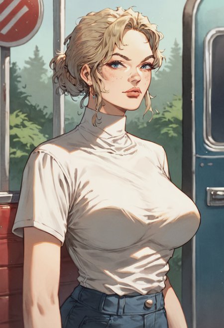 score_9, score_8_up, score_7_up, 1girl, large_breasts, mature_female, portrait, solo, looking_at_viewer, open_eyes, Standing with hands behind the back, perspective, (Cobalt blue Jupon), straight hair, wedge, Dirty Blonde hair, bus stop, upper_body, rating_safe, <lora:pony\artist_styles\jacques_geron_pony:1.0>