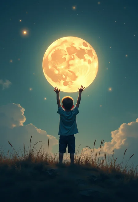 A little boy on a hill holding up the moon