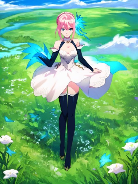 score_9, Score_8_up, Score_7_up, Score_6_up, masterpiece,  best quality, very aesthetic,  <lora:ShionneV2-08:1> 15 shionne 01b weddingdress, shionne 01b, pale skin, long hair, (blue eyes), wedding dress 1girl, solo, breasts, 1Girl, hair ornament, thighhighs, dress, bare shoulders, full body, pink hair, braid, detached sleeves, black thighhighss   <lora:detailed_backgrounds_v2:1> (scenery:1.3),  backgrounds scenery, complex background, grass, cloud, flowers,