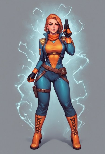 (1girl), dynamic pose
Lyra's iridescent jumpsuit shimmers like a moonlit lake, with neon pink and electric blue accents. Her hair crackles with electricity, styled in loose waves. Eyes burn like hot coals in fiery red and orange
((((full-clothed)))), ((long big pistol in hands, handgun in hands))
BREAK 
strange world background score_9, score_8_up, score_7_up, score_6_up, source_cartoon, rating_explicit, Expressiveh, (((((full body))))), dynamic pose