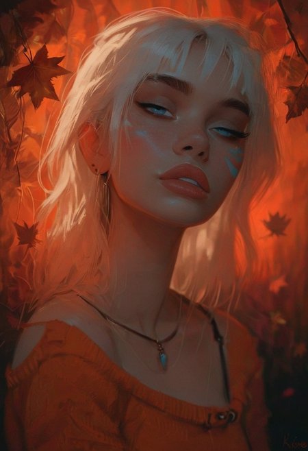 score_9, score_8_up, score_7_up, score_6_up, rating_explicit, solo focus, perfect cute face, dramatic lighting, steamy, shivering in anticipation, autumn leaves, atkida, blue facial mark, white hair, seductive, sexy pose, orange off-shoulder sweater, bottomless, ((vagina)), flaccid, orange thigh-highs,